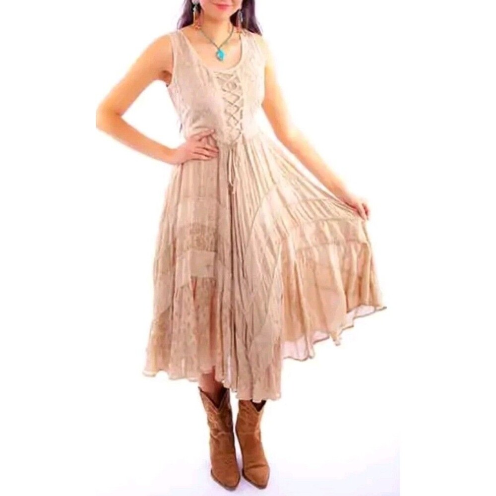 Scully Honey Creek Western Lace Front/Back Midi Dress Light Latte Size Small New